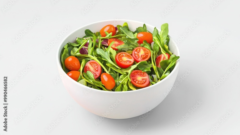Fresh salad with cherry tomatoes and greens in a white bowl, perfect for healthy eating and vibrant meal presentations. Fresh salad with cherry tomatoes and greens in a white bowl, perfect for healthy eating and vibrant meal presentations.