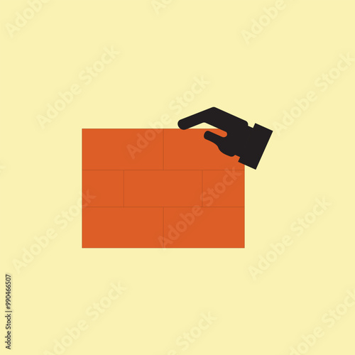 Brick with hand vector illustration. Bricklaying service and build icon