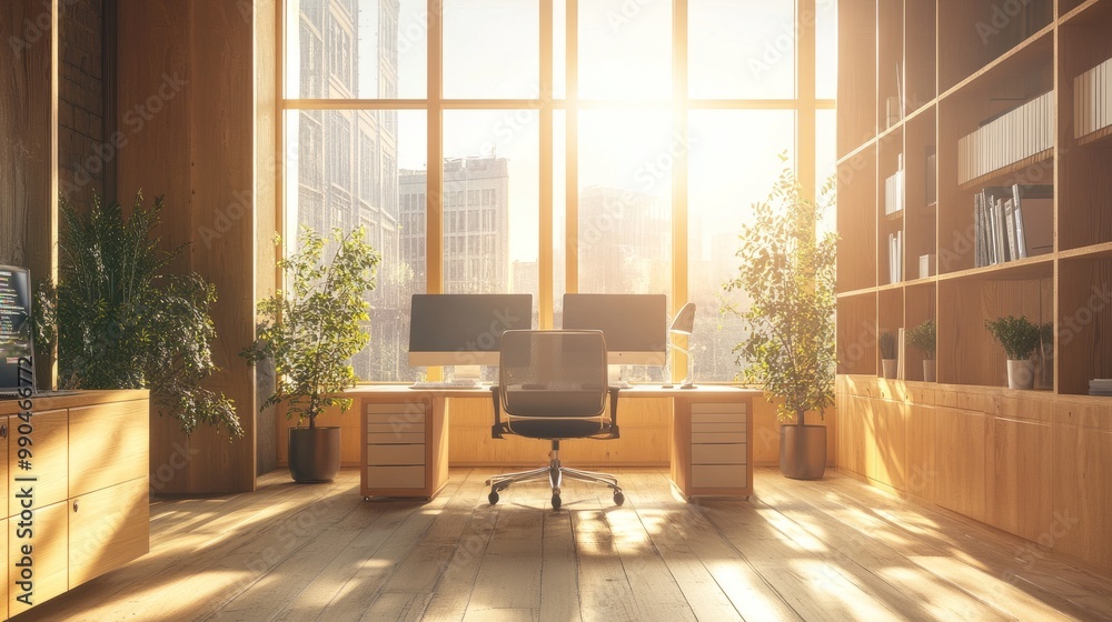 Modern wooden coworking interior with aligned computer monitors, clean lines, and a large, sunlit panoramic window. Modern wooden coworking interior with aligned computer monitors, clean lines, and a large, sunlit panoramic window.