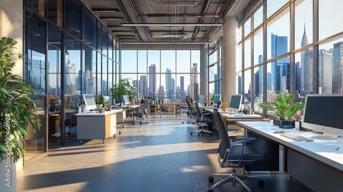 Open office with modern design, large windows framing a city skyline view, and bright workspaces with clean, sleek lines. 3D rendering. photo