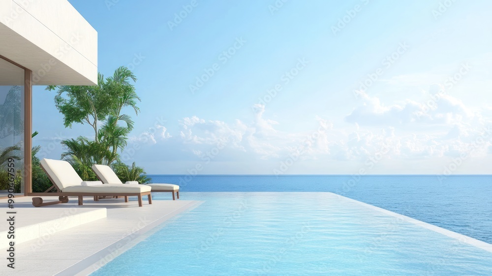 Fototapeta premium Two white lounge chairs on a patio overlooking a clear blue infinity pool, with a view of the sea and cloudy sky.