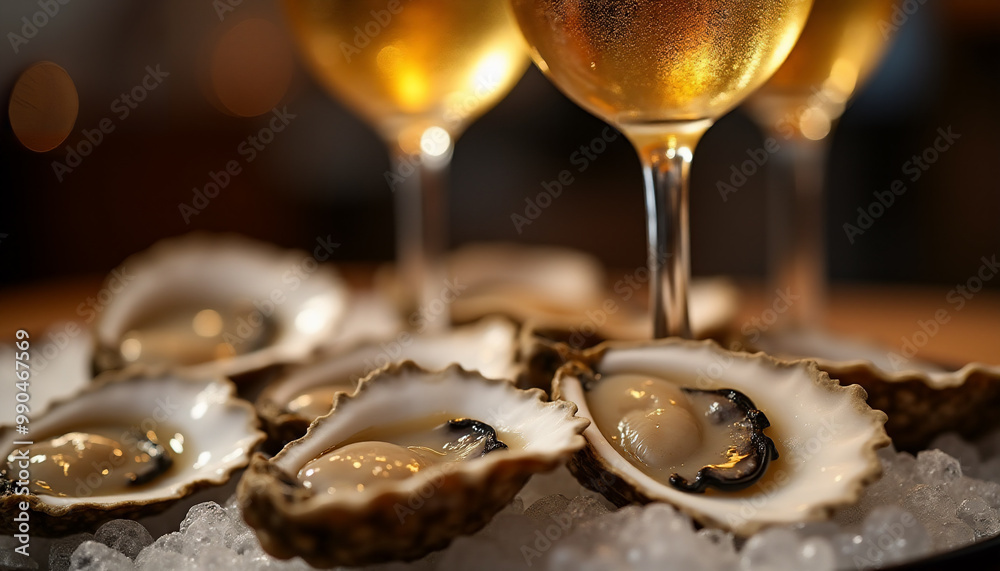 Oysters and wine close-up Oysters and wine close-up