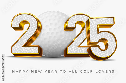 3D golden shiny inscription 2025 with textured filling and golf ball