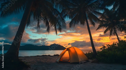A tent set up on the beach under palm trees during sunset, with a tropical ocean and mountains in the background