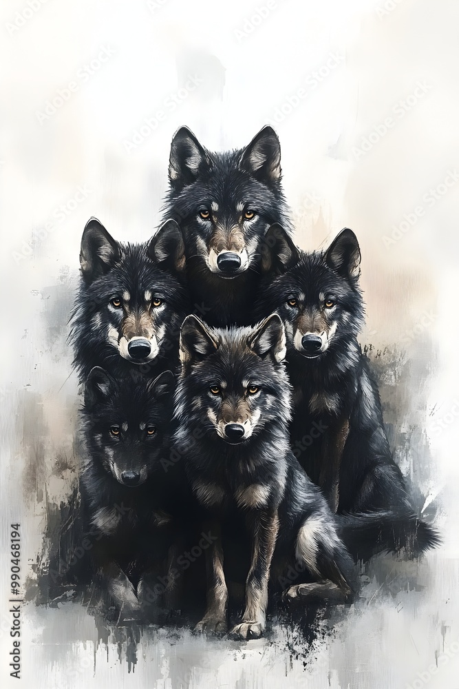 Majestic Black Wolf Family Sitting Together in Serene Watercolor Painting Majestic Black Wolf Family Sitting Together in Serene Watercolor Painting