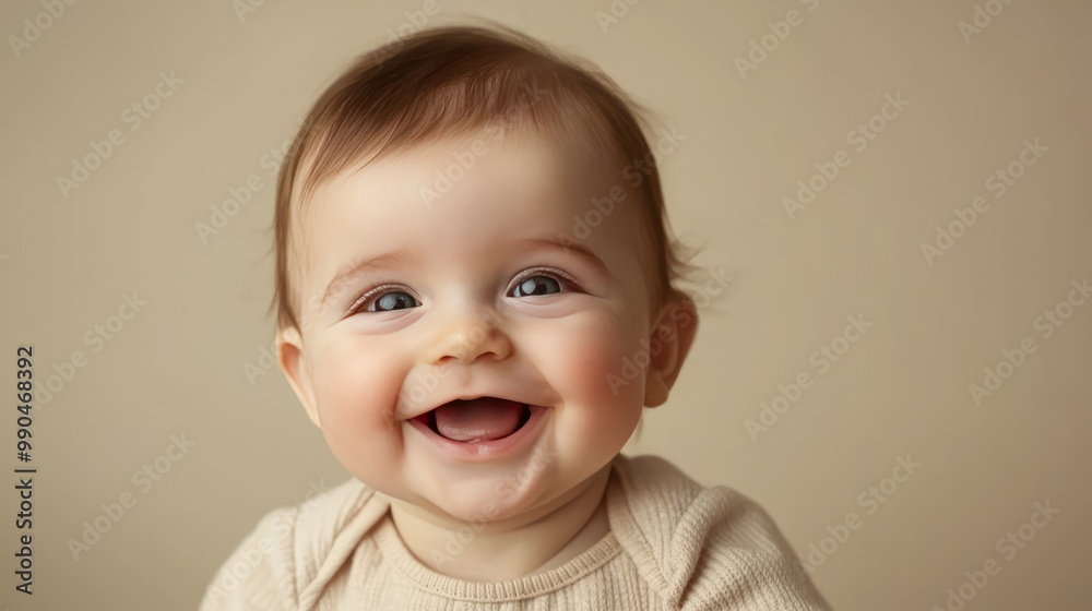 An adorable baby smiling, isolated on a simple background, with no distractions. An adorable baby smiling, isolated on a simple background, with no distractions.