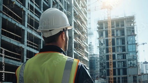 an engineer in a hard hat and safety gear inspecting construction work on a building site. 