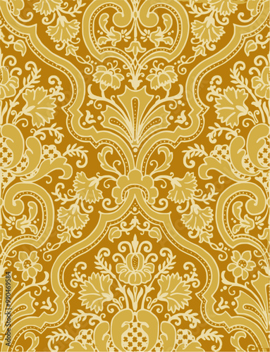 Close-up of yellow and green floral wallpaper. classic vintage design with a pattern of flowers and leaves.