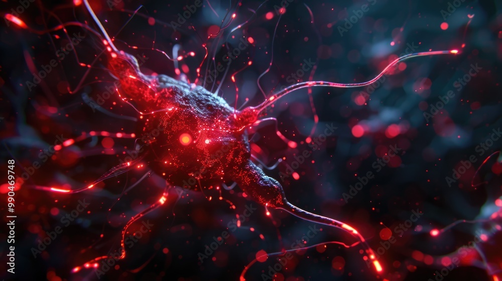 High-tech neural network connections with red and black circuitry. Brain nerve cells forming synapses for information processing. High-tech neural network connections with red and black circuitry. Brain nerve cells forming synapses for information processing.