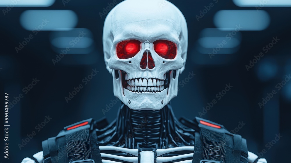 Futuristic Robot with Red Eyes and Skull Design Futuristic Robot with Red Eyes and Skull Design