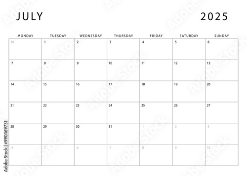 July 2025 calendar. Monthly planner template. Monday start. Vector design