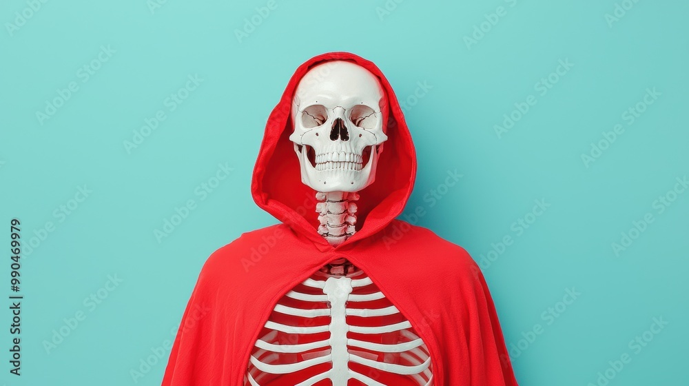 Skeleton in Red Hooded Cloak on Teal Background