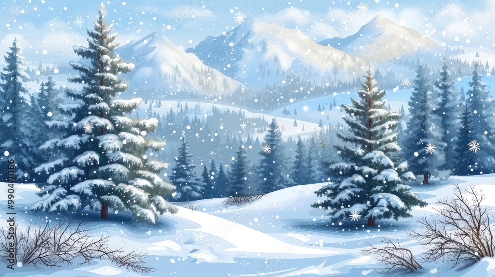 Snowy forest scene with evergreens. Snowy forest scene with evergreens.
