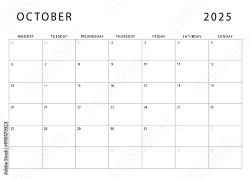 October 2025 calendar. Monthly planner template. Monday start. Vector design