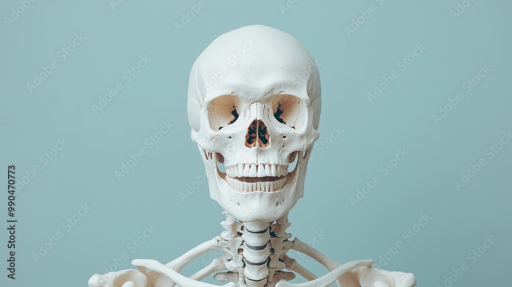 Life-Size Skeleton Model on Blue Background Life-Size Skeleton Model on Blue Background