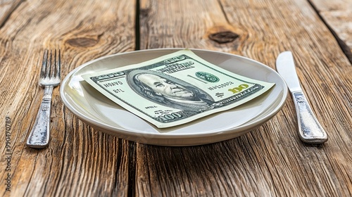 A creative depiction of a dollar bill placed on a plate, representing wealth and the intersection of money and food. photo