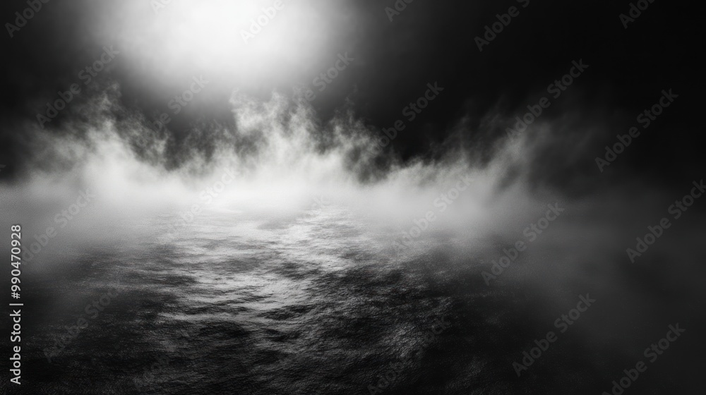 Black and white background with misty fog and a light source. Black and white background with misty fog and a light source.