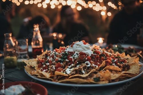 A sharing platter of nachos topped with sour cream and salsa in a party