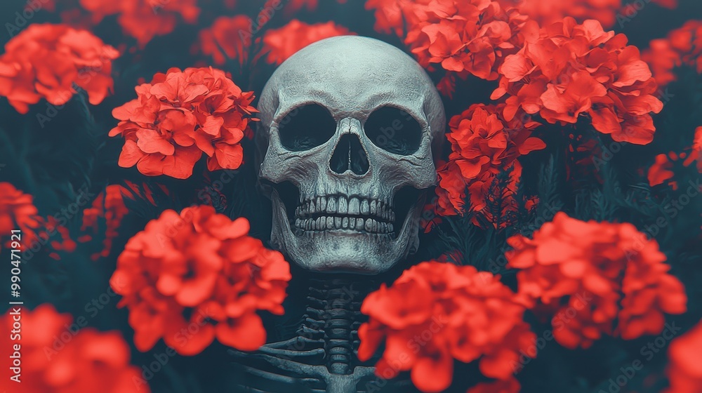Skull Surrounded by Red Flowers in Dark Setting Skull Surrounded by Red Flowers in Dark Setting