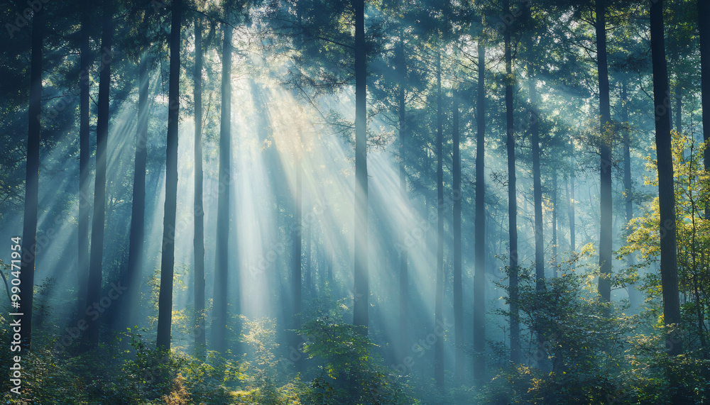 Tall, misty trees with sunlight streaming through the branches, creating a magical and mysterious forest atmosphere Tall, misty trees with sunlight streaming through the branches, creating a magical and mysterious forest atmosphere