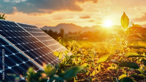 A solar panel stands amidst lush greenery, capturing sunlight during a vibrant sunset, symbolizing sustainable energy. photo