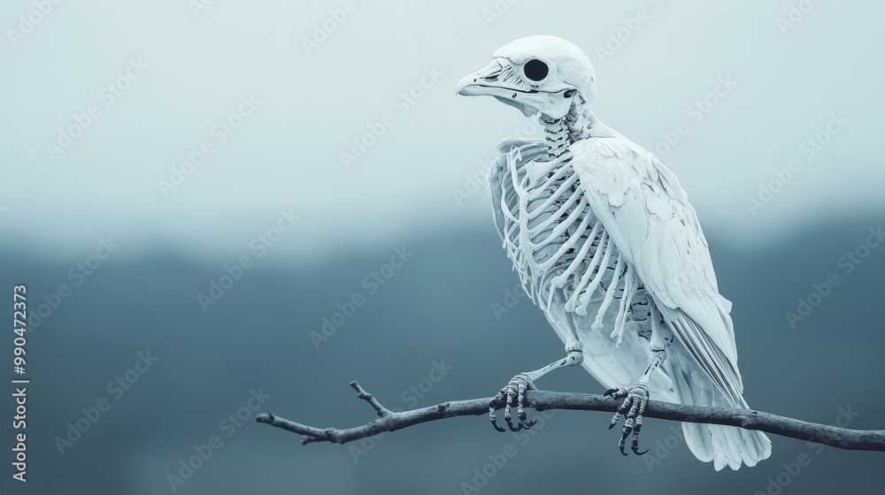 Fototapeta premium Skeleton Bird Perched on Branch in Foggy Background
