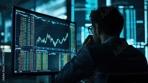 A businessman sits at a desk in front of a computer monitor displaying a stock chart and financial data, analyzing the market.