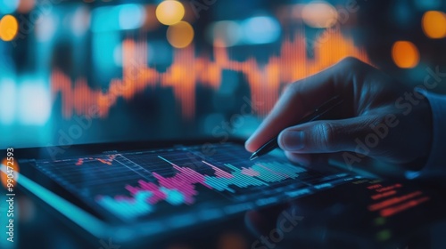 A hand with a stylus hovers over a tablet,  analyzing a financial graph. The screen glows with blue and orange lights, reflecting on the user's hand. photo