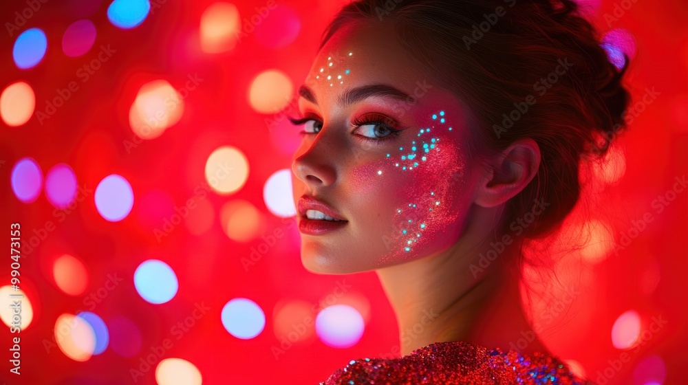 Woman with blue glitter makeup on her face, looking away from the camera in front of red bokeh background. Woman with blue glitter makeup on her face, looking away from the camera in front of red bokeh background.