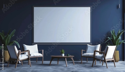 Dimly Lit Meeting Room with Blank Projector Screen and Blue Walls