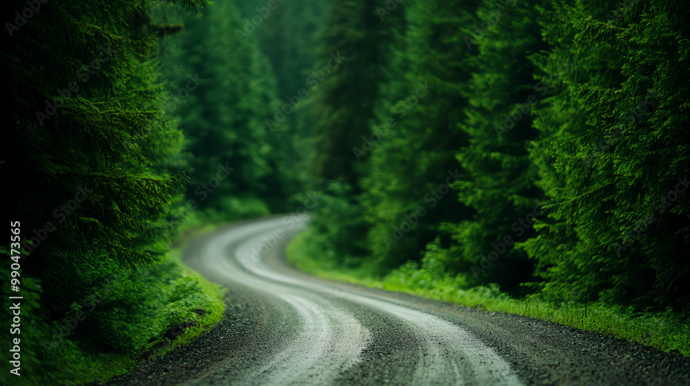 Winding gravel road surrounded by lush green trees, creating a serene and peaceful atmosphere in nature's embrace. Winding gravel road surrounded by lush green trees, creating a serene and peaceful atmosphere in nature's embrace.