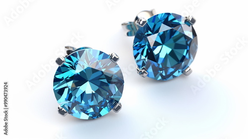 Round blue diamond earrings isolate on white background. AI Generative.
