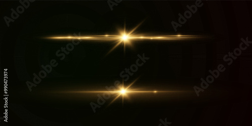 Light yellow effect reflections, neon illumination in gold colors. Bright light lens. Police light effects, lines. Shiny stars, glowing sparks on a black background. Vector red light effect