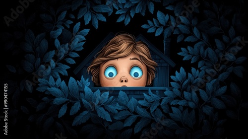 A curious child peeks out from behind leafy foliage, showcasing wide blue eyes filled with wonder and imagination in a magical setting. photo