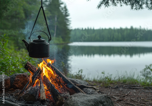 Campfire with Black Kettle by Serene Forest Lake photo