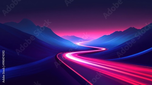 Neon Road Through Mountains.