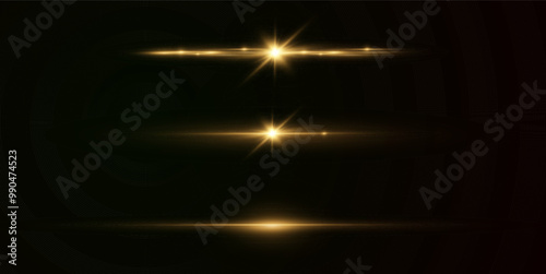 Light yellow effect reflections, neon illumination in gold colors. Bright light lens. Police light effects, lines. Shiny stars, glowing sparks on a black background. Vector red light effect