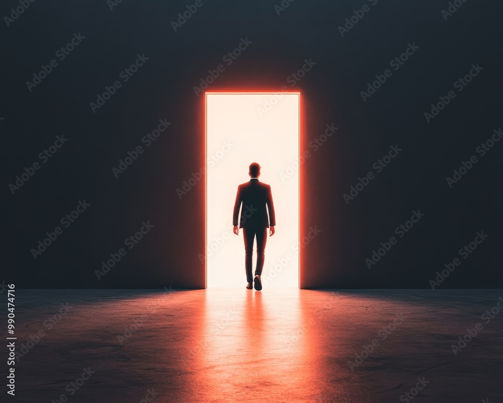 Obraz premium A lone businessman walks towards a glowing doorway in a dark room. The light symbolizes opportunity and hope.