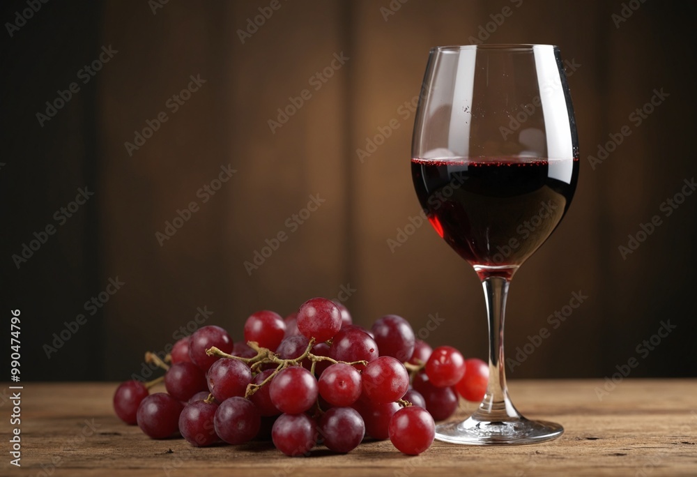 Italian red wine glass with red grapes on a wooden table Italian red wine glass with red grapes on a wooden table