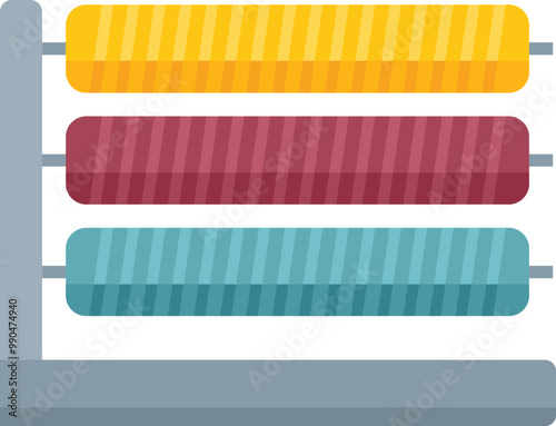 Metal stand with colorful fabric rolls used for sewing and tailoring in atelier or workshop