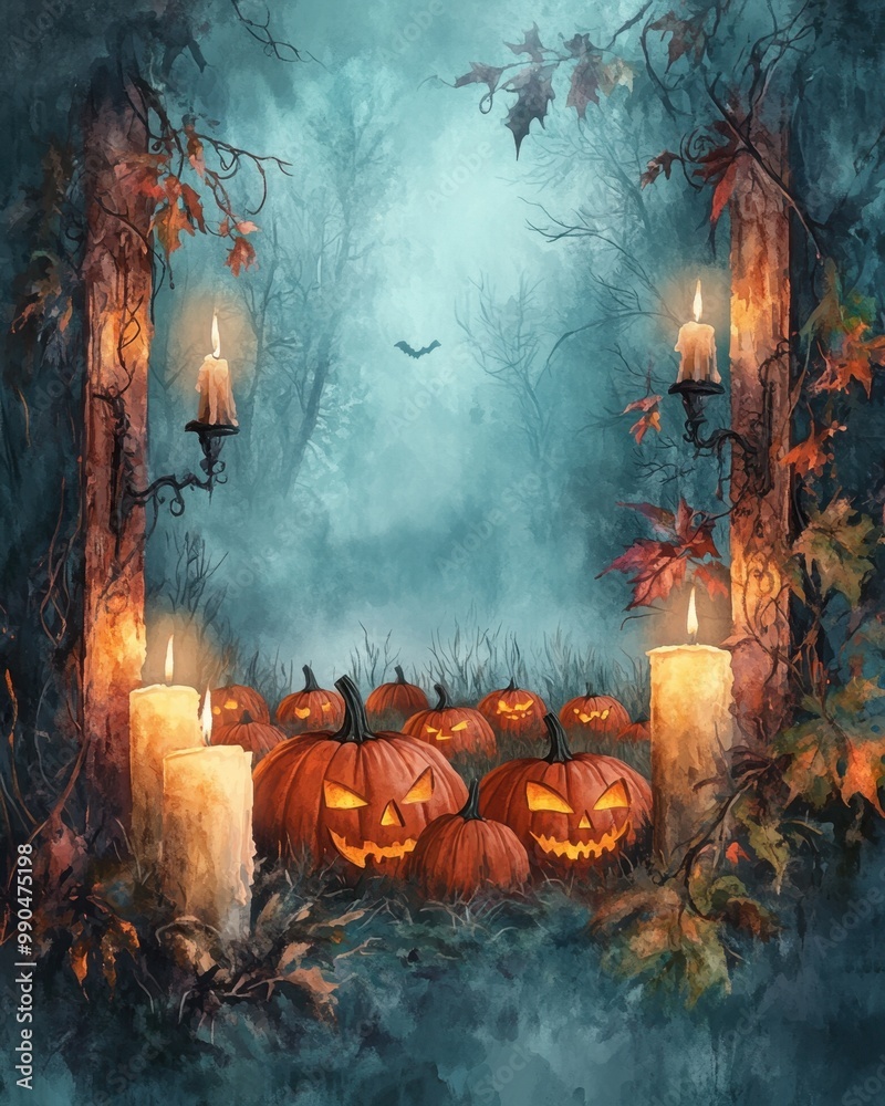 A mystical Halloween scene with glowing pumpkins, candles, and a foggy forest background, perfect for seasonal decorations. A mystical Halloween scene with glowing pumpkins, candles, and a foggy forest background, perfect for seasonal decorations.