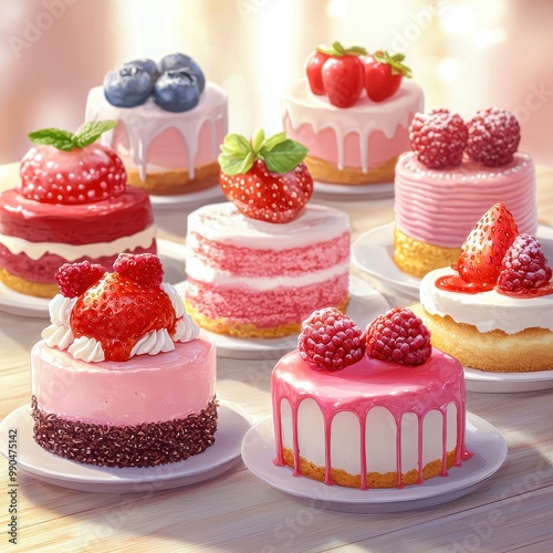 Delicious assortment of colorful, decorated cakes topped with fresh berries on a wooden table.