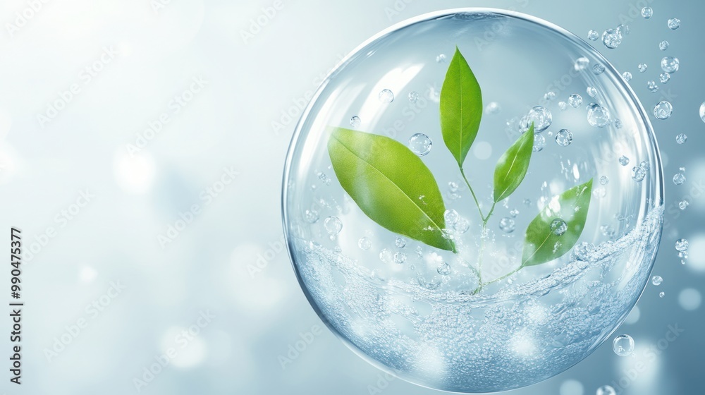 A clear glass sphere with a leaf inside A clear glass sphere with a leaf inside