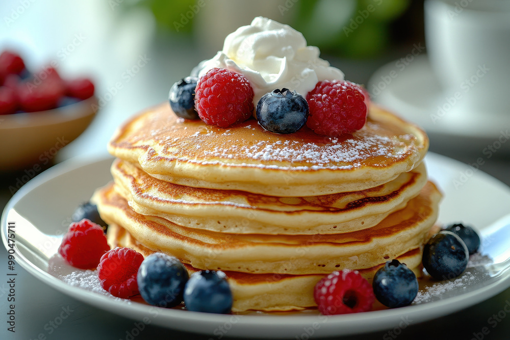 Fluffy Pancakes with Berries and Whipped Cream on White Plate Fluffy Pancakes with Berries and Whipped Cream on White Plate