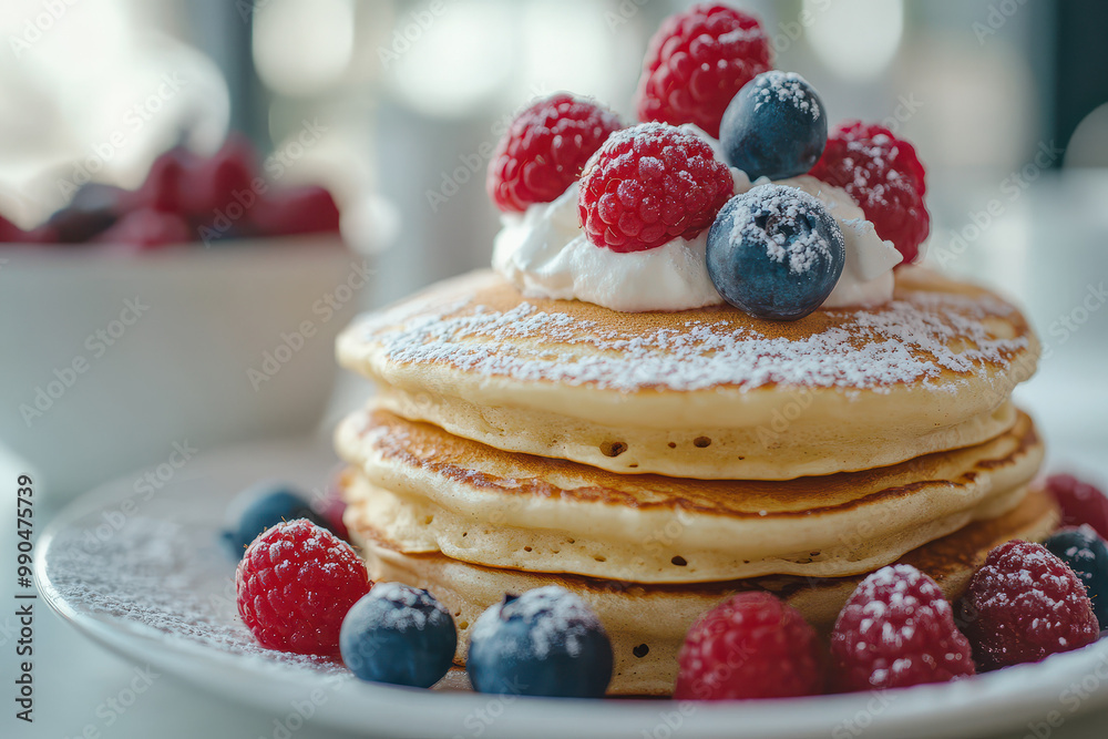 Delicious Pancakes with Berries and Cream, Soft Colors and Detail Delicious Pancakes with Berries and Cream, Soft Colors and Detail