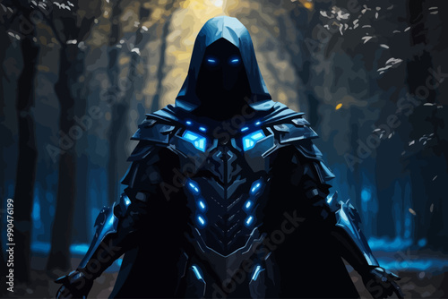 A man in dark futuristic armor with nanotechnology and gothic elements