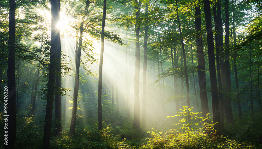 Fototapeta premium Tall, misty trees with sunlight streaming through the branches, creating a magical and mysterious forest atmosphere
