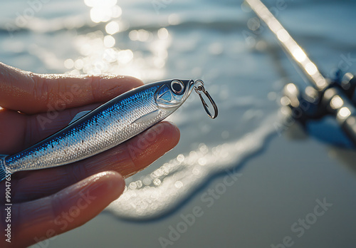 Close-up of fishing lure against blurred waterfront background