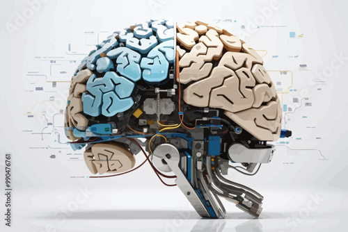 View of half a human brain, combined with technological elements