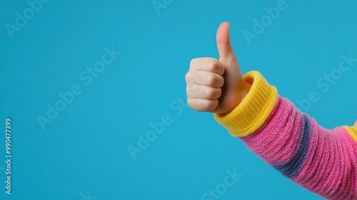 Hand in a pink and yellow sweater giving a thumbs up against a blue background.